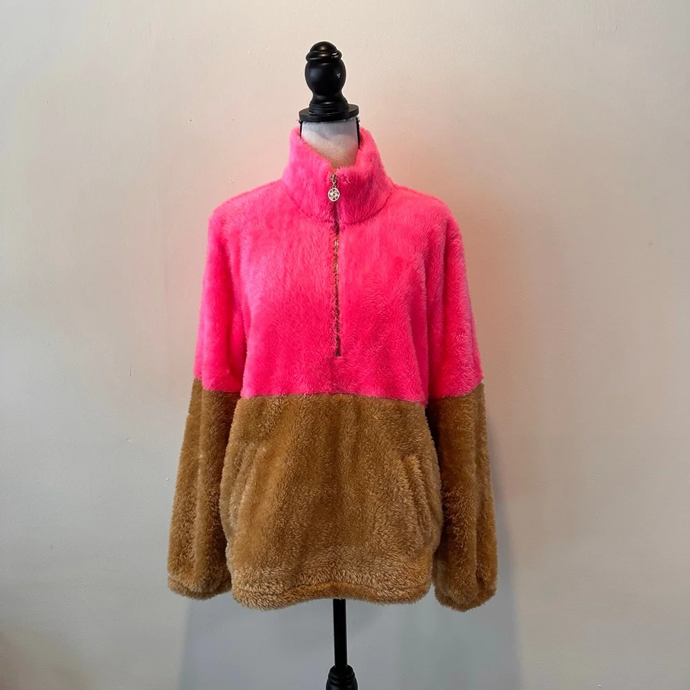 NWT Lilly Pulitzer | Keala Sherpa Popover | Neon Pink Colorblock Half-Zip | M - Picture 2 of 10